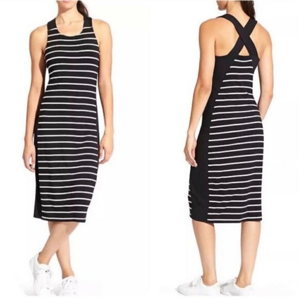 Athleta Black White Striped Crisscross Back Getaway Midi Dress